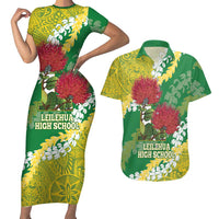 Personalized Leilehua Hawaii High School Couples Matching Short Sleeve Bodycon Dress and Hawaiian Shirt Puakenikeni Lei Hawaiian Pattern LT14 Green - Polynesian Pride