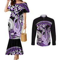 Purple Polynesian Couples Matching Mermaid Dress and Long Sleeve Button Shirt Hammerhead Shark Tattoo Royal Plumeria Gradient Vibes LT14 Purple - Polynesian Pride