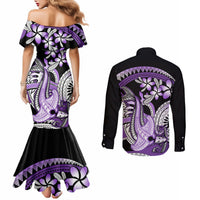 Purple Polynesian Couples Matching Mermaid Dress and Long Sleeve Button Shirt Hammerhead Shark Tattoo Royal Plumeria Gradient Vibes LT14 - Polynesian Pride