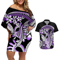 Purple Polynesian Couples Matching Off Shoulder Short Dress and Hawaiian Shirt Hammerhead Shark Tattoo Royal Plumeria Gradient Vibes LT14 Purple - Polynesian Pride