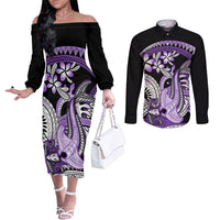 Purple Polynesian Couples Matching Off The Shoulder Long Sleeve Dress and Long Sleeve Button Shirt Hammerhead Shark Tattoo Royal Plumeria Gradient Vibes LT14 Purple - Polynesian Pride