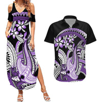 Purple Polynesian Couples Matching Summer Maxi Dress and Hawaiian Shirt Hammerhead Shark Tattoo Royal Plumeria Gradient Vibes LT14 Purple - Polynesian Pride