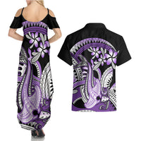 Purple Polynesian Couples Matching Summer Maxi Dress and Hawaiian Shirt Hammerhead Shark Tattoo Royal Plumeria Gradient Vibes LT14 - Polynesian Pride