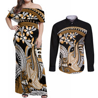 Gold Polynesian Hammerhead Shark Tattoo Couples Matching Off Shoulder Maxi Dress and Long Sleeve Button Shirt Royal Plumeria Gradient Vibes LT14 Gold - Polynesian Pride