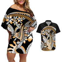 Gold Polynesian Hammerhead Shark Tattoo Couples Matching Off Shoulder Short Dress and Hawaiian Shirt Royal Plumeria Gradient Vibes LT14 Gold - Polynesian Pride