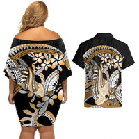 Gold Polynesian Hammerhead Shark Tattoo Couples Matching Off Shoulder Short Dress and Hawaiian Shirt Royal Plumeria Gradient Vibes LT14 - Polynesian Pride