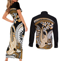 Gold Polynesian Hammerhead Shark Tattoo Couples Matching Short Sleeve Bodycon Dress and Long Sleeve Button Shirt Royal Plumeria Gradient Vibes LT14 - Polynesian Pride