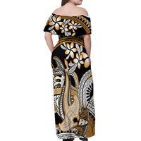 Gold Polynesian Hammerhead Shark Tattoo Off Shoulder Maxi Dress Royal Plumeria Gradient Vibes LT14 - Polynesian Pride
