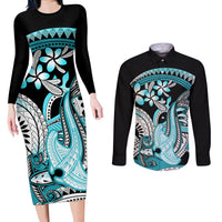 Turquoise Polynesian Hammerhead Shark Tattoo Couples Matching Long Sleeve Bodycon Dress and Long Sleeve Button Shirt Royal Plumeria Gradient Vibes LT14 Turquoise - Polynesian Pride
