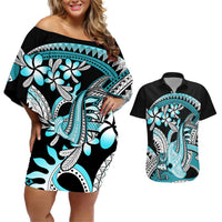 Turquoise Polynesian Hammerhead Shark Tattoo Couples Matching Off Shoulder Short Dress and Hawaiian Shirt Royal Plumeria Gradient Vibes LT14 Turquoise - Polynesian Pride