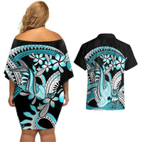 Turquoise Polynesian Hammerhead Shark Tattoo Couples Matching Off Shoulder Short Dress and Hawaiian Shirt Royal Plumeria Gradient Vibes LT14 - Polynesian Pride