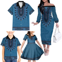 Blue African Dashiki With Fijian Tapa Pattern Family Matching Off The Shoulder Long Sleeve Dress and Hawaiian Shirt LT14 - Polynesian Pride