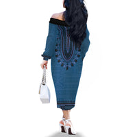 Blue African Dashiki With Fijian Tapa Pattern Family Matching Off The Shoulder Long Sleeve Dress and Hawaiian Shirt LT14 - Polynesian Pride