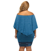 Blue African Dashiki With Fijian Tapa Pattern Off Shoulder Short Dress LT14 - Polynesian Pride