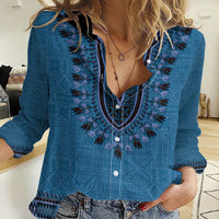 Blue African Dashiki With Fijian Tapa Pattern Women Casual Shirt