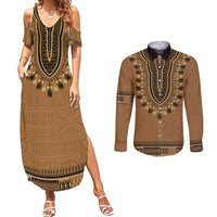 Brown African Dashiki With Fijian Tapa Pattern Couples Matching Summer Maxi Dress and Long Sleeve Button Shirt
