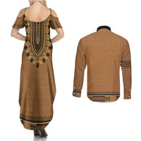 Brown African Dashiki With Fijian Tapa Pattern Couples Matching Summer Maxi Dress and Long Sleeve Button Shirt LT14 - Polynesian Pride