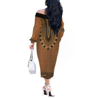 Brown African Dashiki With Fijian Tapa Pattern Off The Shoulder Long Sleeve Dress