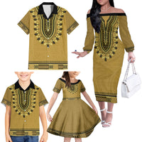Gold African Dashiki With Fijian Tapa Pattern Family Matching Off The Shoulder Long Sleeve Dress and Hawaiian Shirt LT14 - Polynesian Pride
