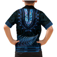 Blue African Dashiki With Aotearoa Maori Family Matching Mermaid Dress and Hawaiian Shirt Paua Shell Mix Silver Fern LT14 - Polynesian Pride