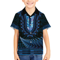 Blue African Dashiki With Aotearoa Maori Family Matching Off Shoulder Maxi Dress and Hawaiian Shirt Paua Shell Mix Silver Fern LT14 Son's Shirt Blue - Polynesian Pride