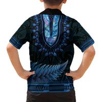 Blue African Dashiki With Aotearoa Maori Family Matching Off Shoulder Short Dress and Hawaiian Shirt Paua Shell Mix Silver Fern LT14 - Polynesian Pride