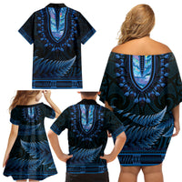Blue African Dashiki With Aotearoa Maori Family Matching Off Shoulder Short Dress and Hawaiian Shirt Paua Shell Mix Silver Fern LT14 - Polynesian Pride