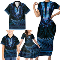 Blue African Dashiki With Aotearoa Maori Family Matching Short Sleeve Bodycon Dress and Hawaiian Shirt Paua Shell Mix Silver Fern LT14 - Polynesian Pride