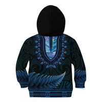 Blue African Dashiki With Aotearoa Maori Kid Hoodie Paua Shell Mix Silver Fern LT14 - Polynesian Pride
