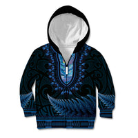 Blue African Dashiki With Aotearoa Maori Kid Hoodie Paua Shell Mix Silver Fern LT14 Zip Hoodie Blue - Polynesian Pride
