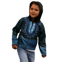 Blue African Dashiki With Aotearoa Maori Kid Hoodie Paua Shell Mix Silver Fern LT14 - Polynesian Pride