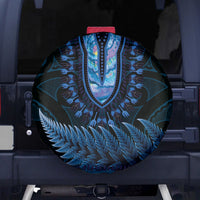 Blue African Dashiki With Aotearoa Maori Spare Tire Cover Paua Shell Mix Silver Fern