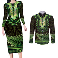 Lime Green African Dashiki With Aotearoa Maori Couples Matching Long Sleeve Bodycon Dress and Long Sleeve Button Shirt Paua Shell Mix Silver Fern