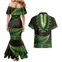 Lime Green African Dashiki With Aotearoa Maori Couples Matching Mermaid Dress and Hawaiian Shirt Paua Shell Mix Silver Fern LT14 - Polynesian Pride
