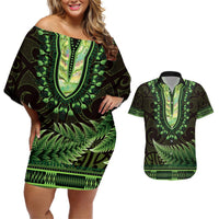 Lime Green African Dashiki With Aotearoa Maori Couples Matching Off Shoulder Short Dress and Hawaiian Shirt Paua Shell Mix Silver Fern LT14 Lime Green - Polynesian Pride