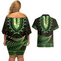Lime Green African Dashiki With Aotearoa Maori Couples Matching Off Shoulder Short Dress and Hawaiian Shirt Paua Shell Mix Silver Fern LT14 - Polynesian Pride