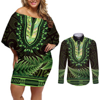 Lime Green African Dashiki With Aotearoa Maori Couples Matching Off Shoulder Short Dress and Long Sleeve Button Shirt Paua Shell Mix Silver Fern