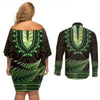 Lime Green African Dashiki With Aotearoa Maori Couples Matching Off Shoulder Short Dress and Long Sleeve Button Shirt Paua Shell Mix Silver Fern