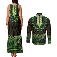 Lime Green African Dashiki With Aotearoa Maori Couples Matching Tank Maxi Dress and Long Sleeve Button Shirt Paua Shell Mix Silver Fern