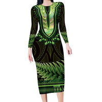 Lime Green African Dashiki With Aotearoa Maori Family Matching Long Sleeve Bodycon Dress and Hawaiian Shirt Paua Shell Mix Silver Fern LT14 Mom's Dress Lime Green - Polynesian Pride