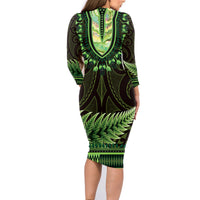 Lime Green African Dashiki With Aotearoa Maori Family Matching Long Sleeve Bodycon Dress and Hawaiian Shirt Paua Shell Mix Silver Fern LT14 - Polynesian Pride