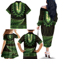 Lime Green African Dashiki With Aotearoa Maori Family Matching Off The Shoulder Long Sleeve Dress and Hawaiian Shirt Paua Shell Mix Silver Fern LT14 - Polynesian Pride