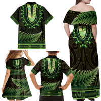 Lime Green African Dashiki With Aotearoa Maori Family Matching Off Shoulder Maxi Dress and Hawaiian Shirt Paua Shell Mix Silver Fern LT14 - Polynesian Pride