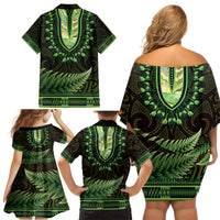 Lime Green African Dashiki With Aotearoa Maori Family Matching Off Shoulder Short Dress and Hawaiian Shirt Paua Shell Mix Silver Fern LT14 - Polynesian Pride