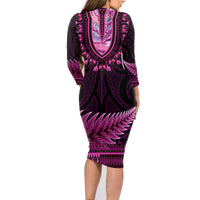 Pink African Dashiki With Aotearoa Maori Family Matching Long Sleeve Bodycon Dress and Hawaiian Shirt Paua Shell Mix Silver Fern LT14 - Polynesian Pride