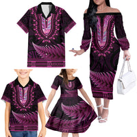 Pink African Dashiki With Aotearoa Maori Family Matching Off The Shoulder Long Sleeve Dress and Hawaiian Shirt Paua Shell Mix Silver Fern LT14 - Polynesian Pride