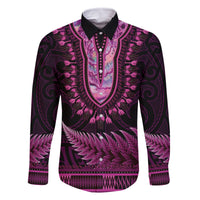 Pink African Dashiki With Aotearoa Maori Family Matching Off The Shoulder Long Sleeve Dress and Hawaiian Shirt Paua Shell Mix Silver Fern LT14 Dad's Shirt - Long Sleeve Pink - Polynesian Pride