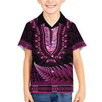 Pink African Dashiki With Aotearoa Maori Family Matching Off The Shoulder Long Sleeve Dress and Hawaiian Shirt Paua Shell Mix Silver Fern LT14 Son's Shirt Pink - Polynesian Pride