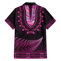 Pink African Dashiki With Aotearoa Maori Family Matching Off Shoulder Short Dress and Hawaiian Shirt Paua Shell Mix Silver Fern LT14 - Polynesian Pride