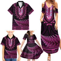 Pink African Dashiki With Aotearoa Maori Family Matching Summer Maxi Dress and Hawaiian Shirt Paua Shell Mix Silver Fern LT14 - Polynesian Pride